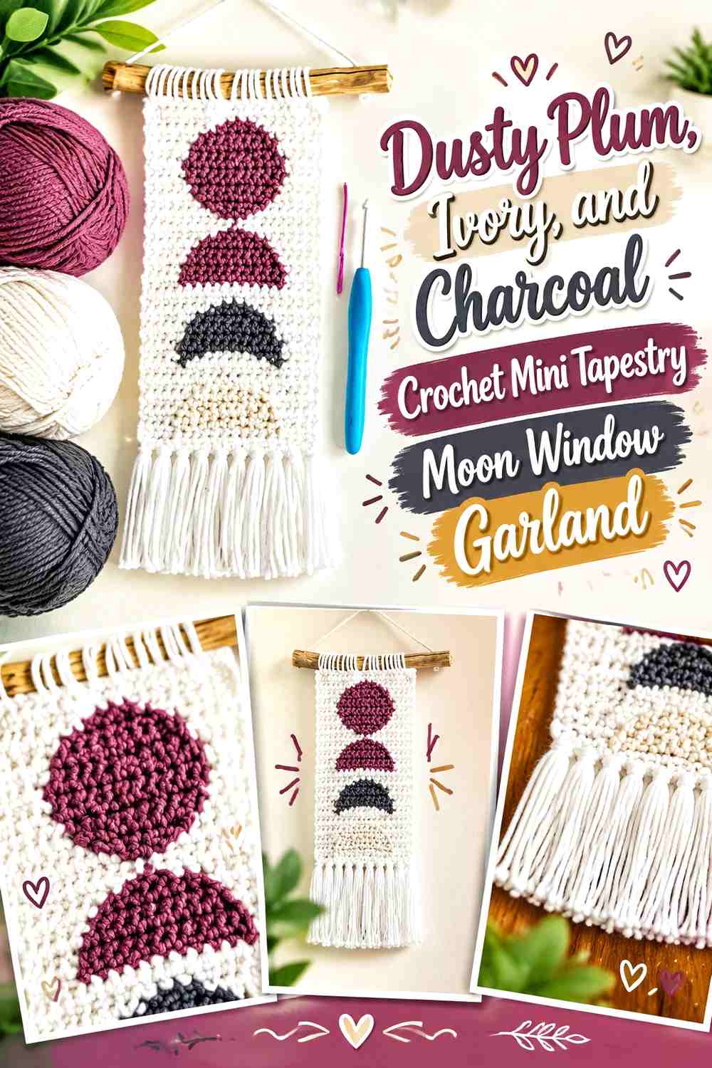 Dusty Plum, Ivory, and Charcoal Crochet Mini Tapestry Moon Window Garland