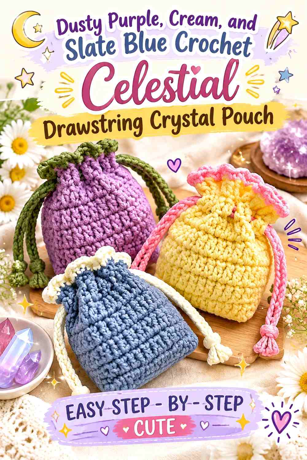 Dusty Purple, Cream, and Slate Blue Crochet Celestial Drawstring Crystal Pouch