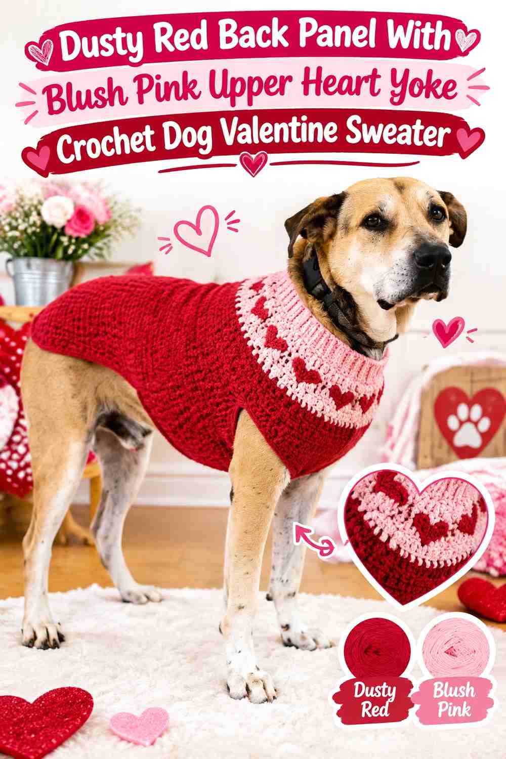 Dusty Red Back Panel With Blush Pink Upper Heart Yoke Crochet Dog Valentine Sweater