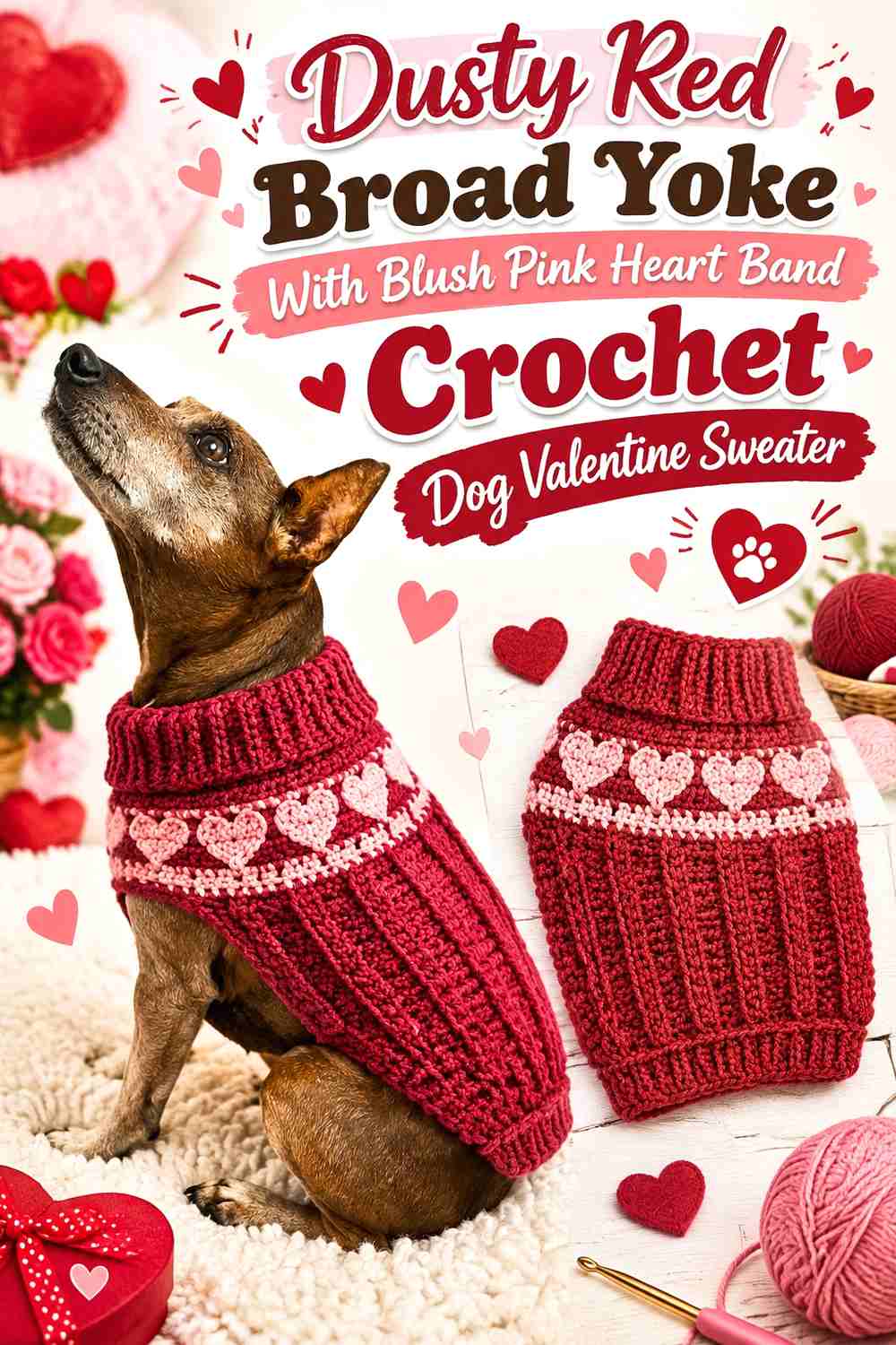Dusty Red Broad Yoke With Blush Pink Heart Band Crochet Dog Valentine Sweater