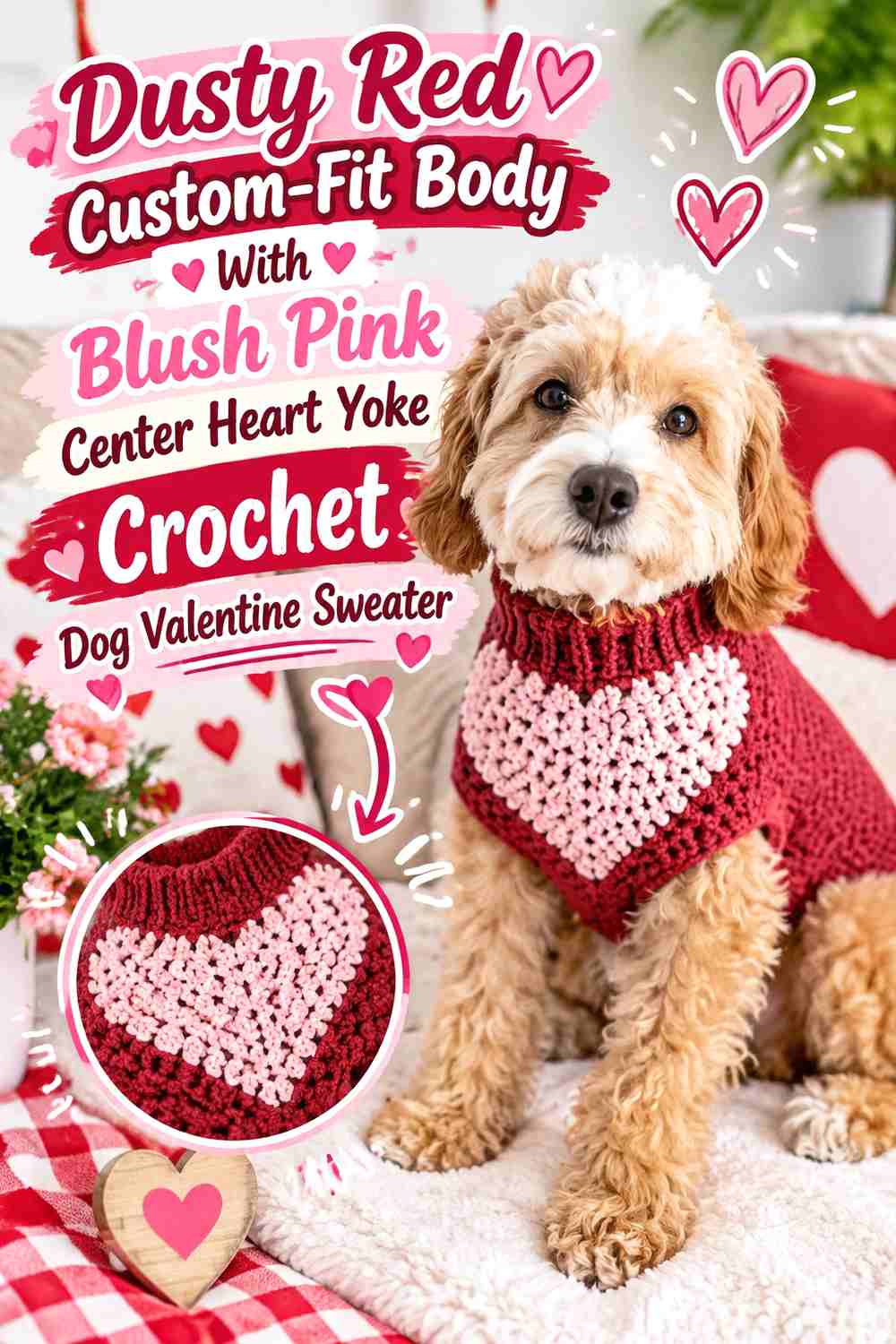 Dusty Red Custom-Fit Body With Blush Pink Center Heart Yoke Crochet Dog Valentine Sweater