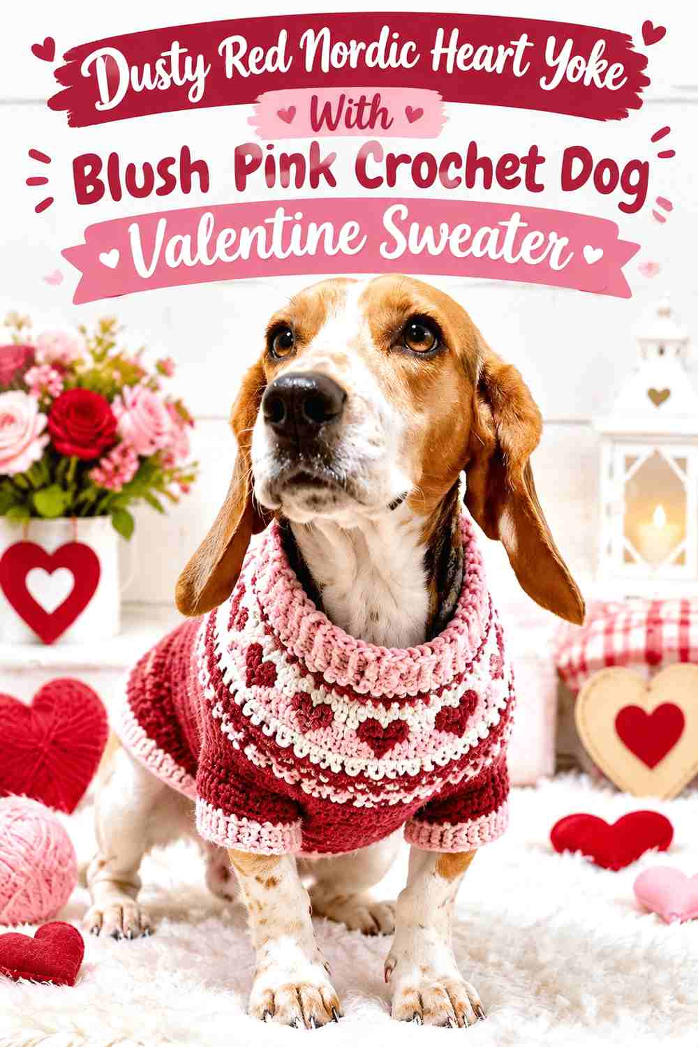 Dusty Red Nordic Heart Yoke With Blush Pink Crochet Dog Valentine Sweater