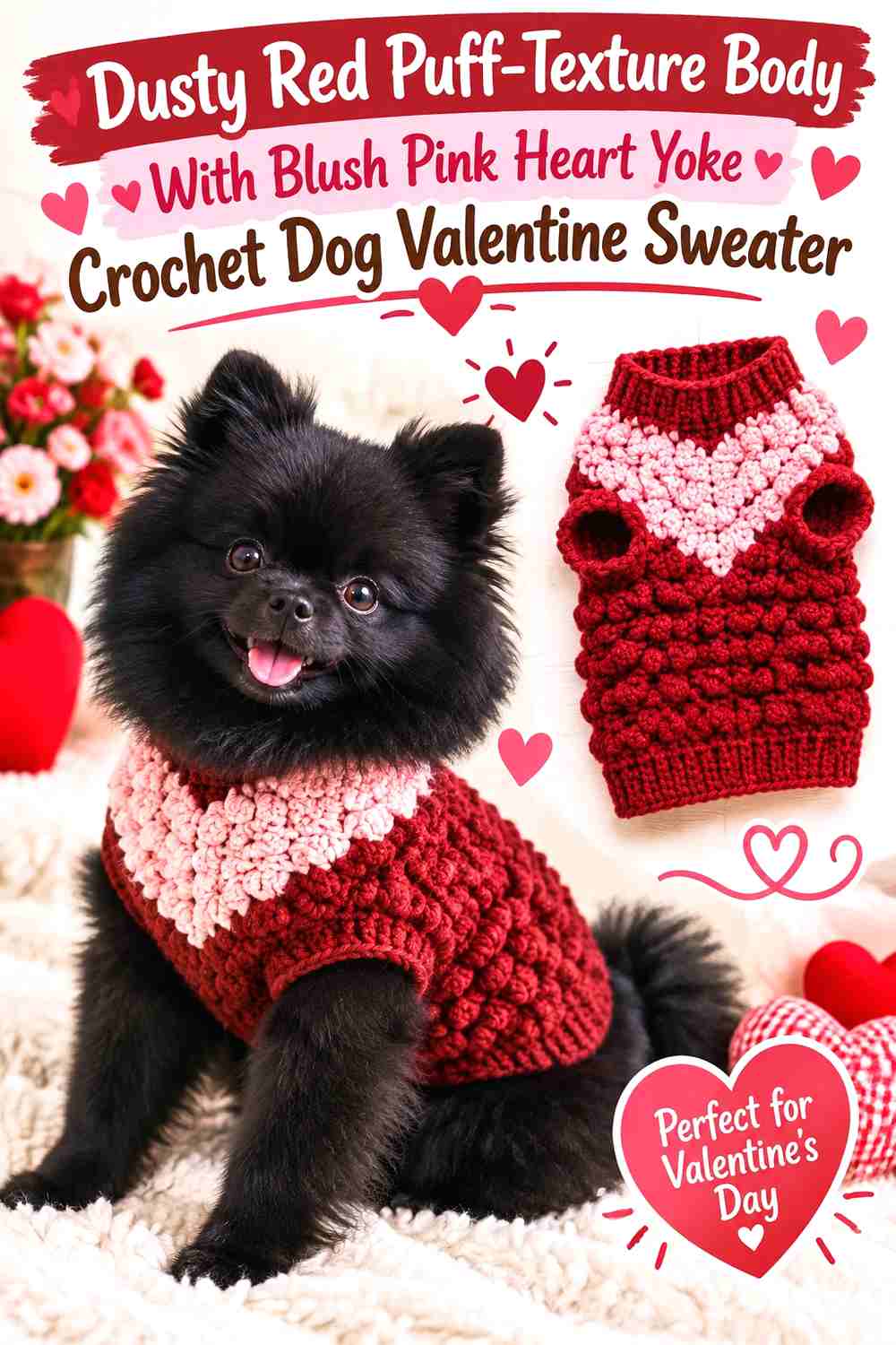 Dusty Red Puff-Texture Body With Blush Pink Heart Yoke Crochet Dog Valentine Sweater