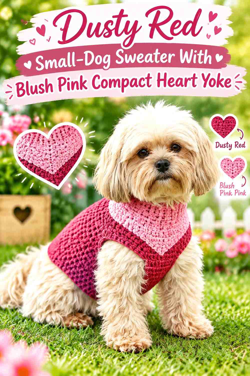 Dusty Red Small-Dog Sweater With Blush Pink Compact Heart Yoke