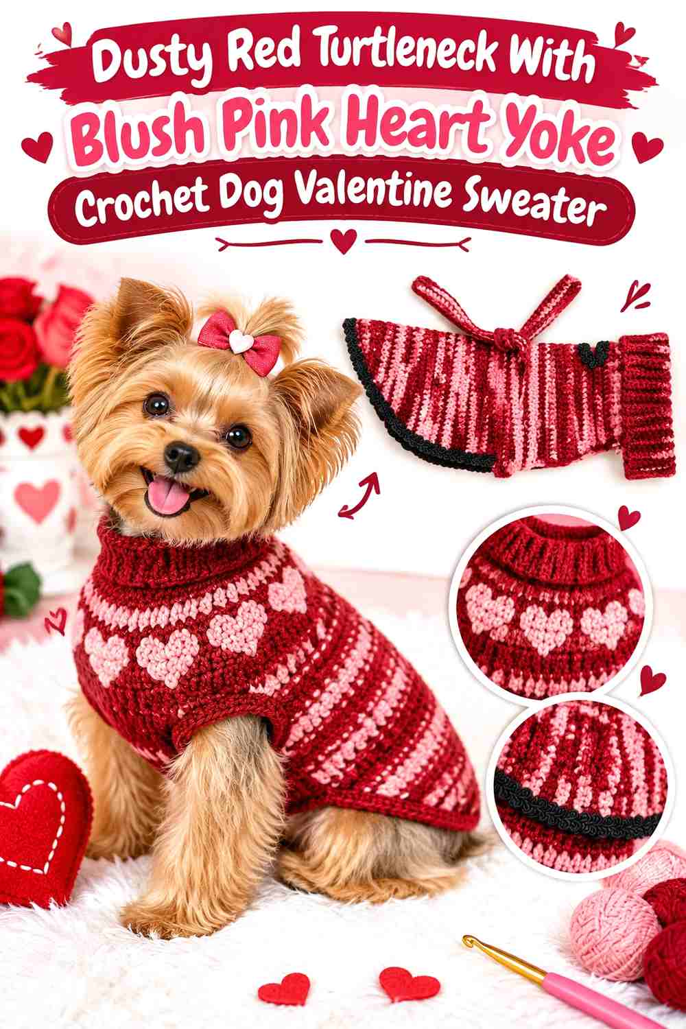 Dusty Red Turtleneck With Blush Pink Heart Yoke Crochet Dog Valentine Sweater