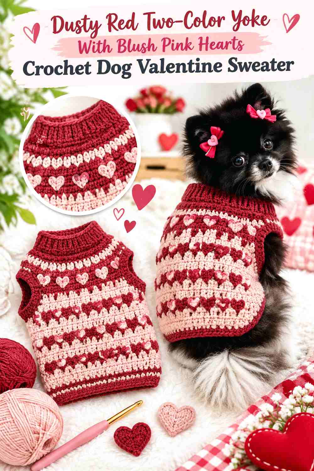 Dusty Red Two-Color Yoke With Blush Pink Hearts Crochet Dog Valentine Sweater