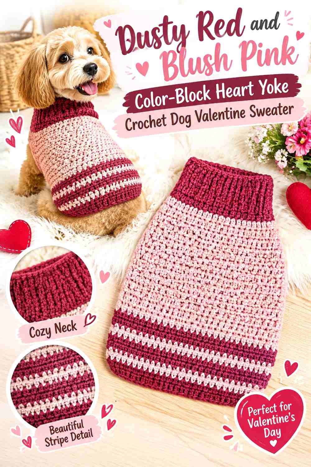Dusty Red and Blush Pink Color-Block Heart Yoke Crochet Dog Valentine Sweater