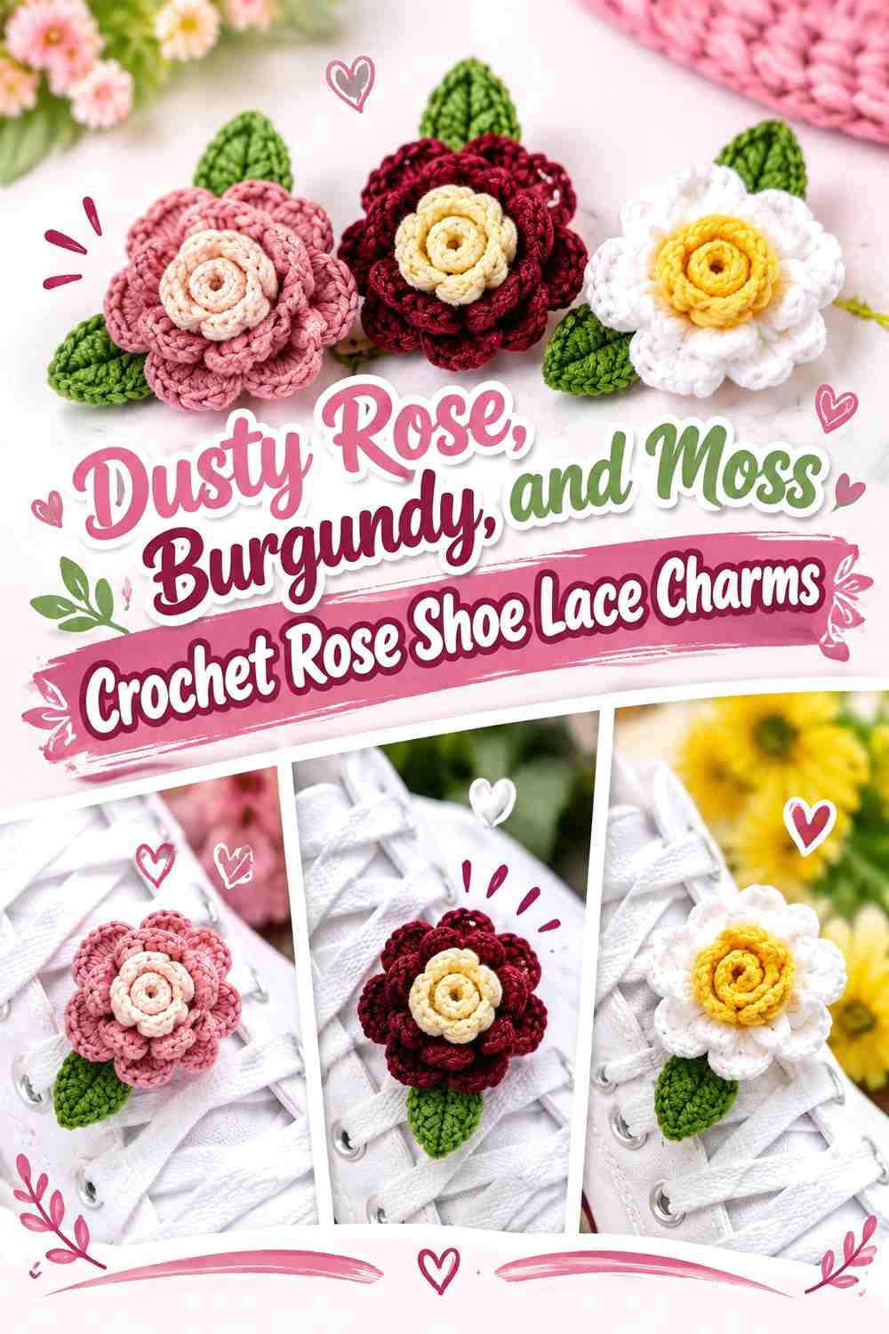 Dusty Rose, Burgundy, and Moss Crochet Rose Shoe Lace Charms