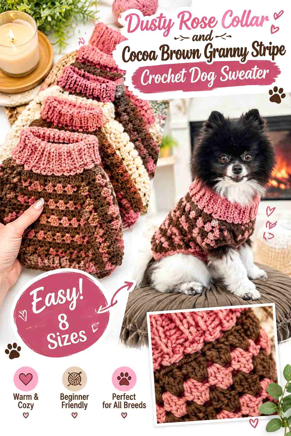 Dusty Rose Collar and Cocoa Brown Granny Stripe Crochet Dog Sweater