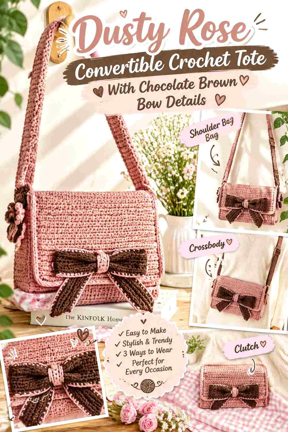 10. Dusty Rose Convertible Crochet Tote With Chocolate Brown Bow Details