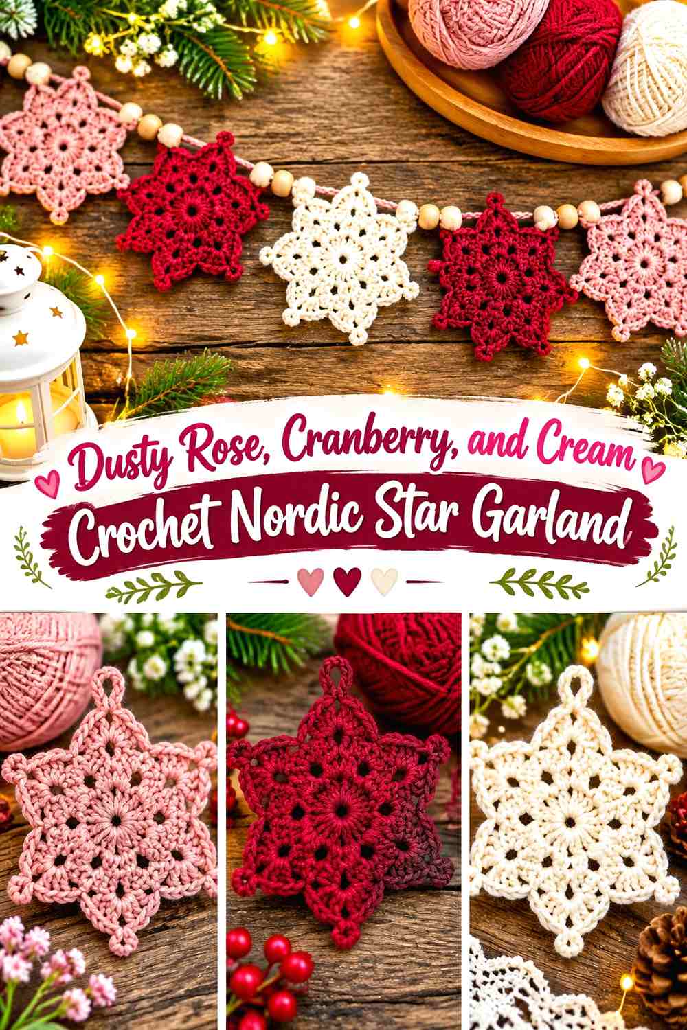 Dusty Rose, Cranberry, and Cream Crochet Nordic Star Garland