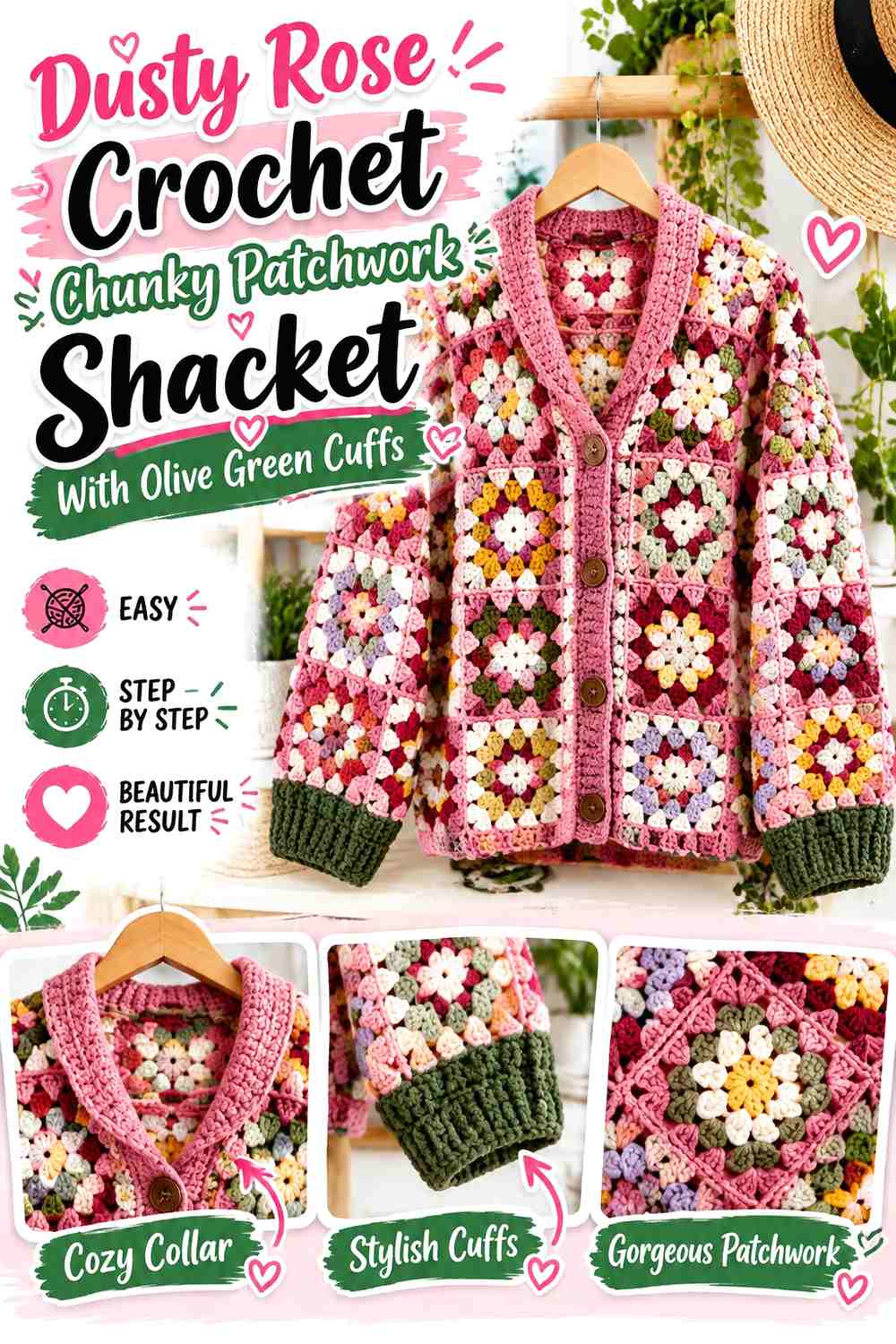 Dusty Rose Crochet Chunky Patchwork Shacket With Olive Green Cuffs