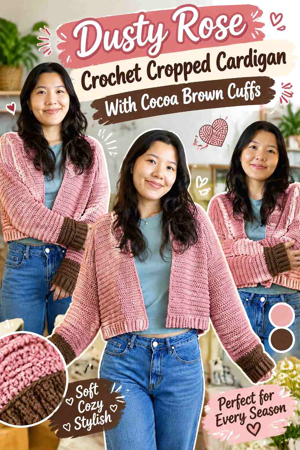 Dusty Rose Crochet Cropped Cardigan With Cocoa Brown Cuffs