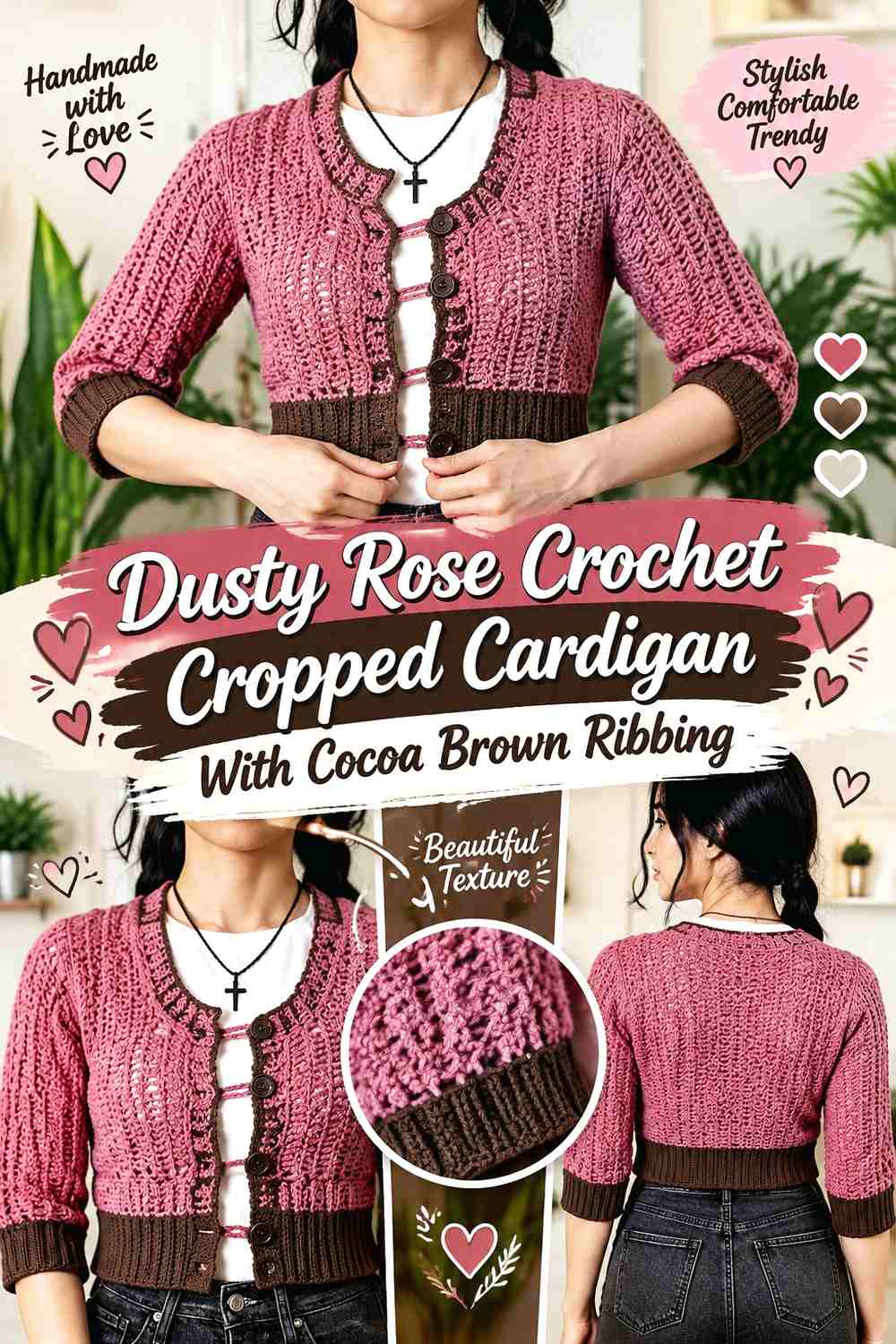 Dusty Rose Crochet Cropped Cardigan With Cocoa Brown Ribbing