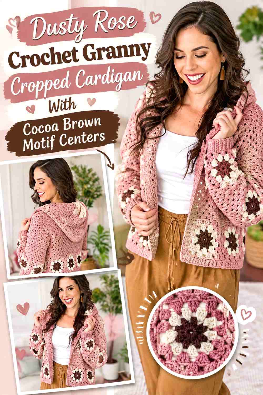 Dusty Rose Crochet Granny Cropped Cardigan With Cocoa Brown Motif Centers