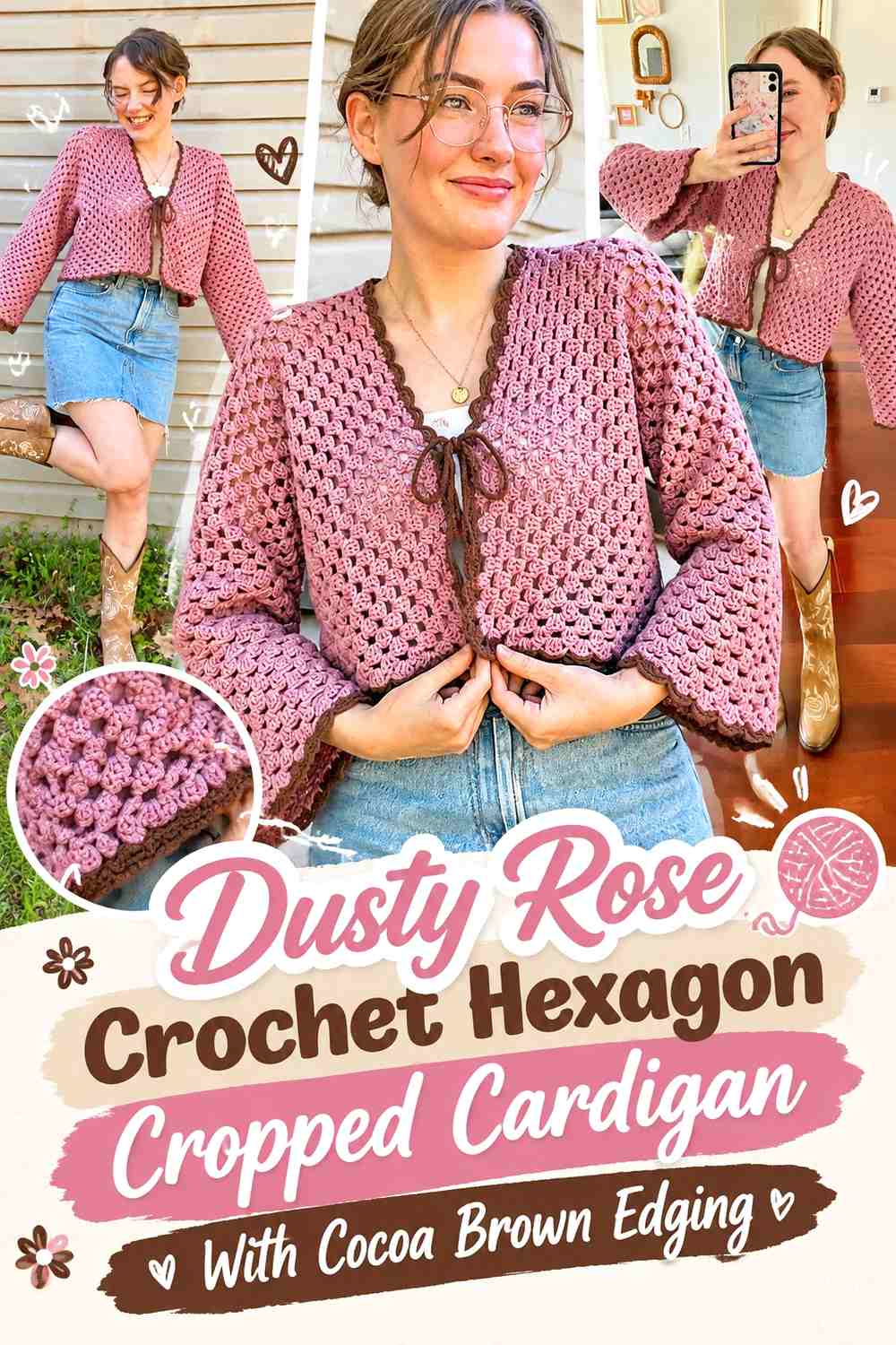Dusty Rose Crochet Hexagon Cropped Cardigan With Cocoa Brown Edging