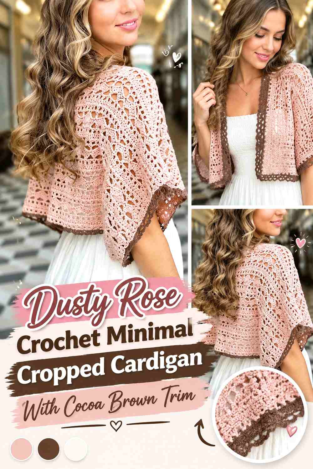 Dusty Rose Crochet Minimal Cropped Cardigan With Cocoa Brown Trim