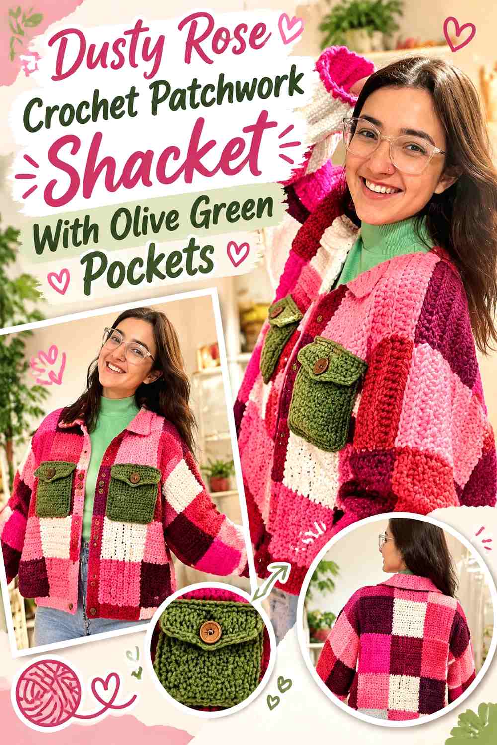 Dusty Rose Crochet Patchwork Shacket With Olive Green Pockets
