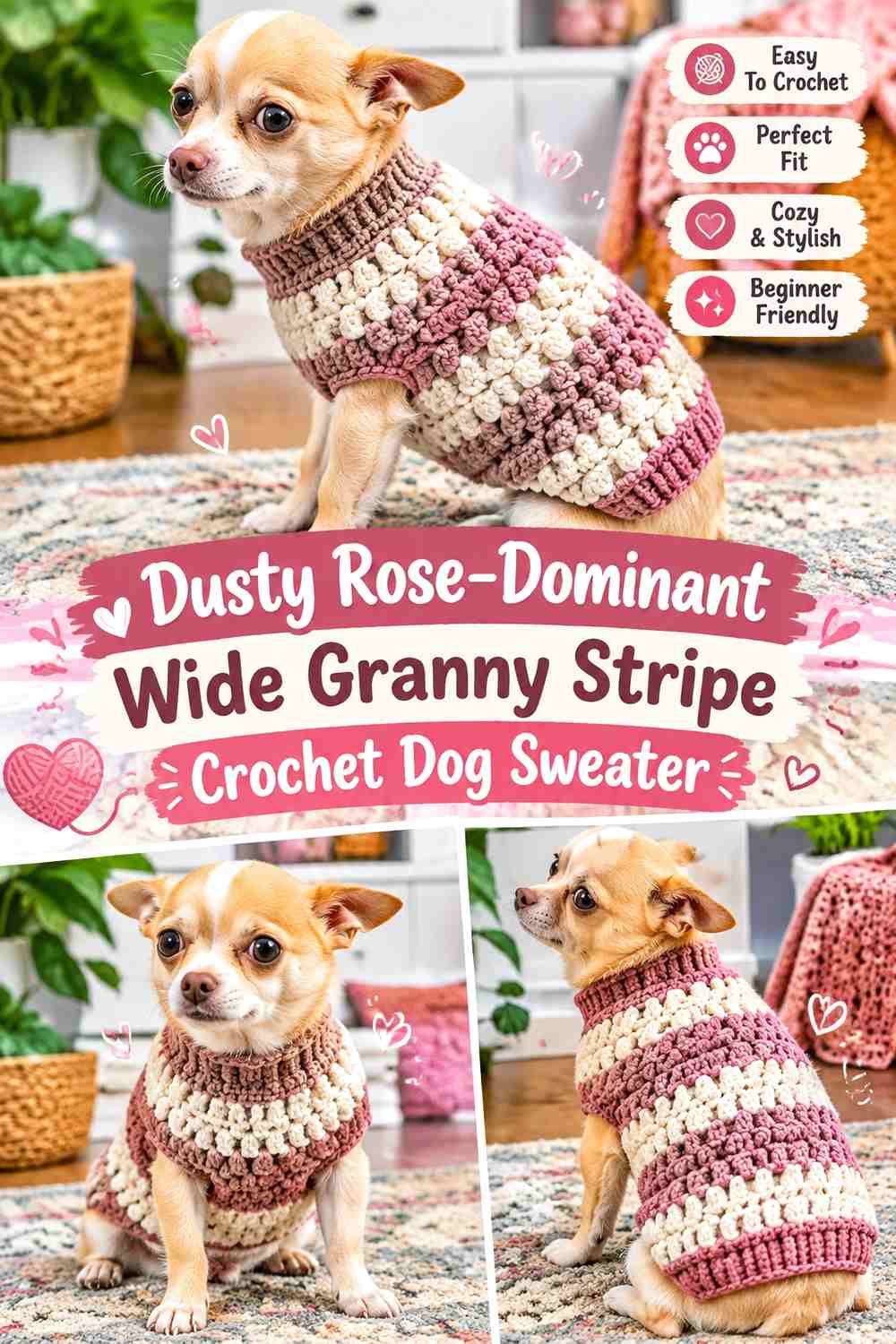 Dusty Rose-Dominant Wide Granny Stripe Crochet Dog Sweater