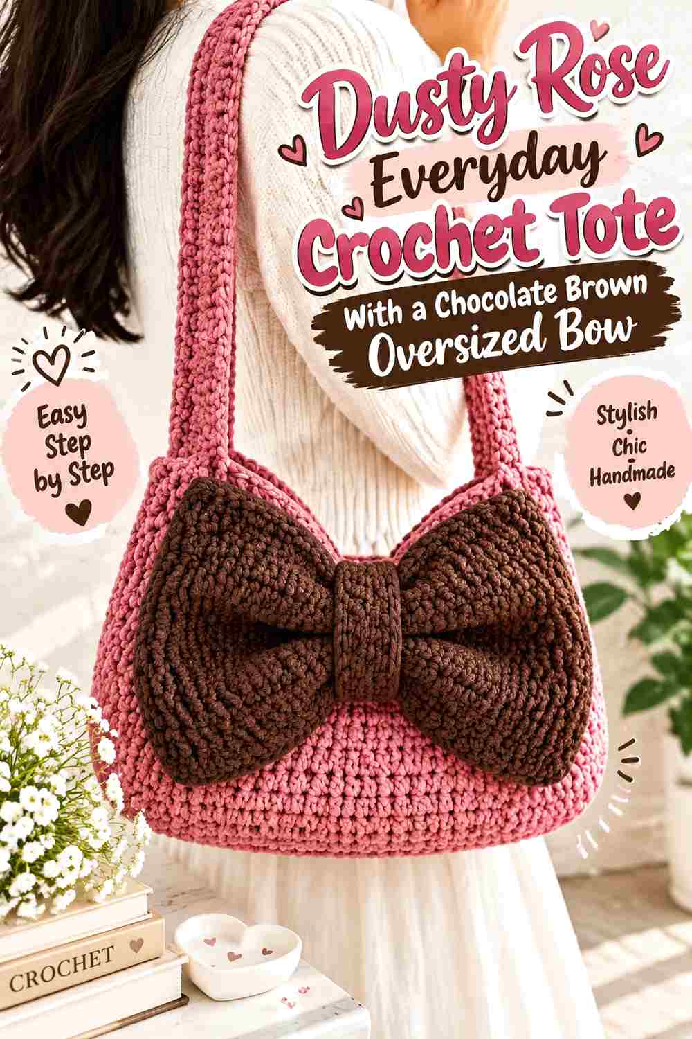 8. Dusty Rose Everyday Crochet Tote With A Chocolate Brown Oversized Bow