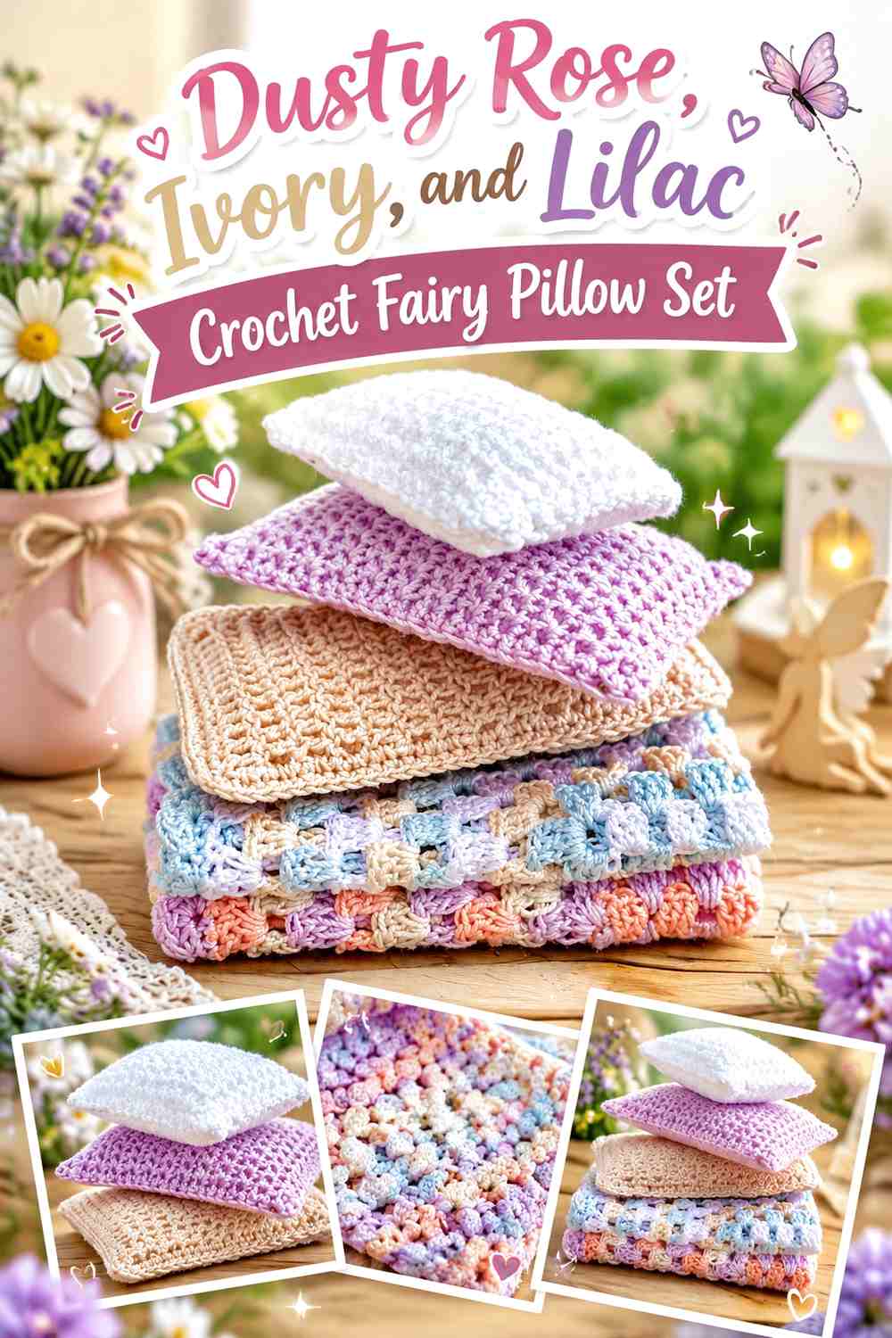 Dusty Rose, Ivory, and Lilac Crochet Fairy Pillow Set
