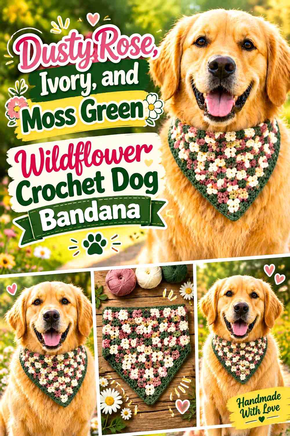 Dusty Rose, Ivory, and Moss Green Wildflower Crochet Dog Bandana
