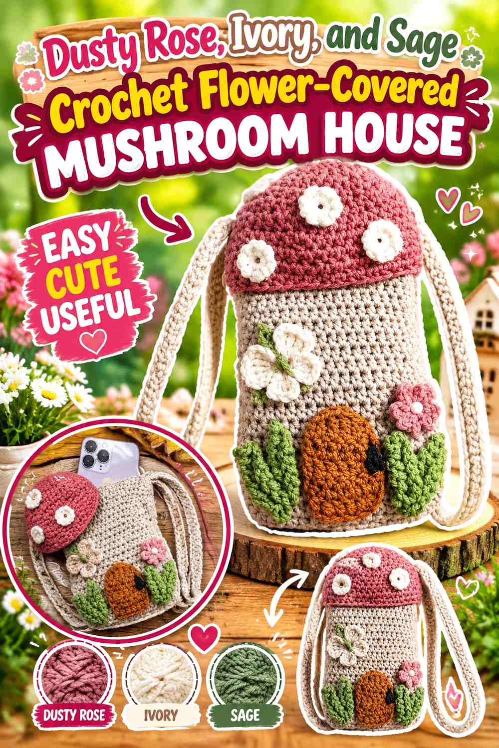 Dusty Rose, Ivory, and Sage Crochet Flower-Covered Mushroom House