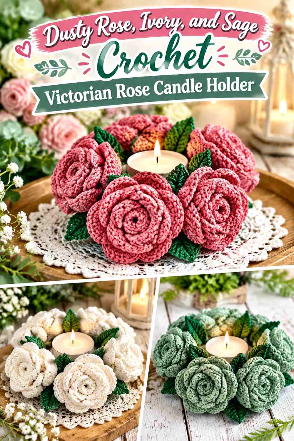 Dusty Rose, Ivory, and Sage Crochet Victorian Rose Candle Holder