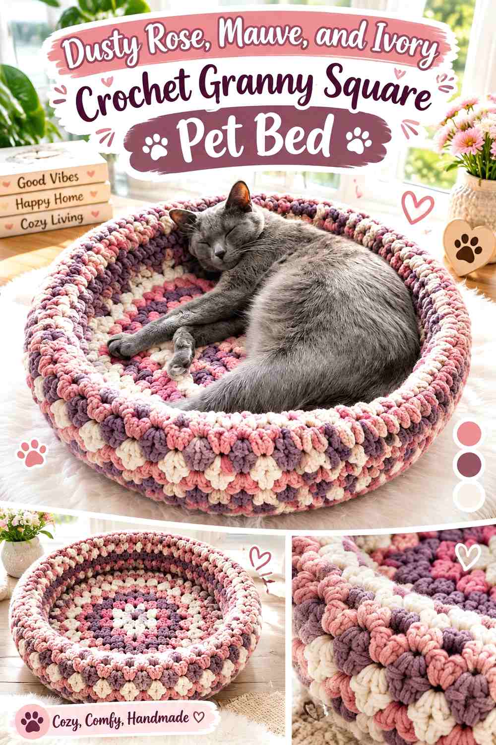Dusty Rose, Mauve, and Ivory Crochet Granny Square Pet Bed
