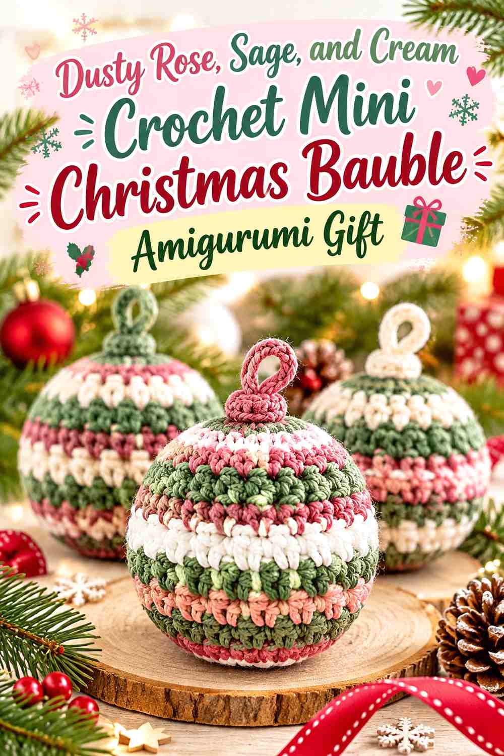 Dusty Rose, Sage, and Cream Crochet Mini Christmas Bauble Amigurumi Gift