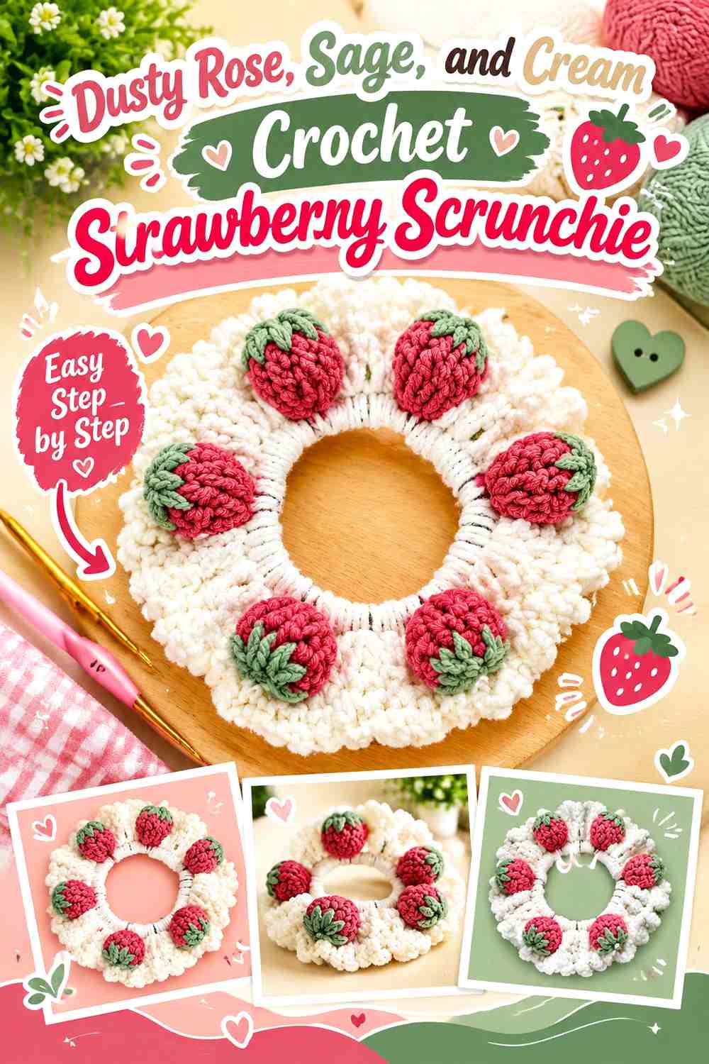 Dusty Rose, Sage, and Cream Crochet Strawberry Scrunchie