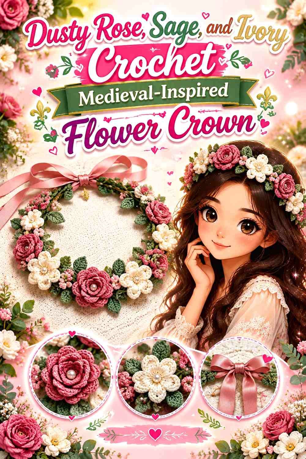 Dusty Rose, Sage, and Ivory Crochet Medieval-Inspired Flower Crown