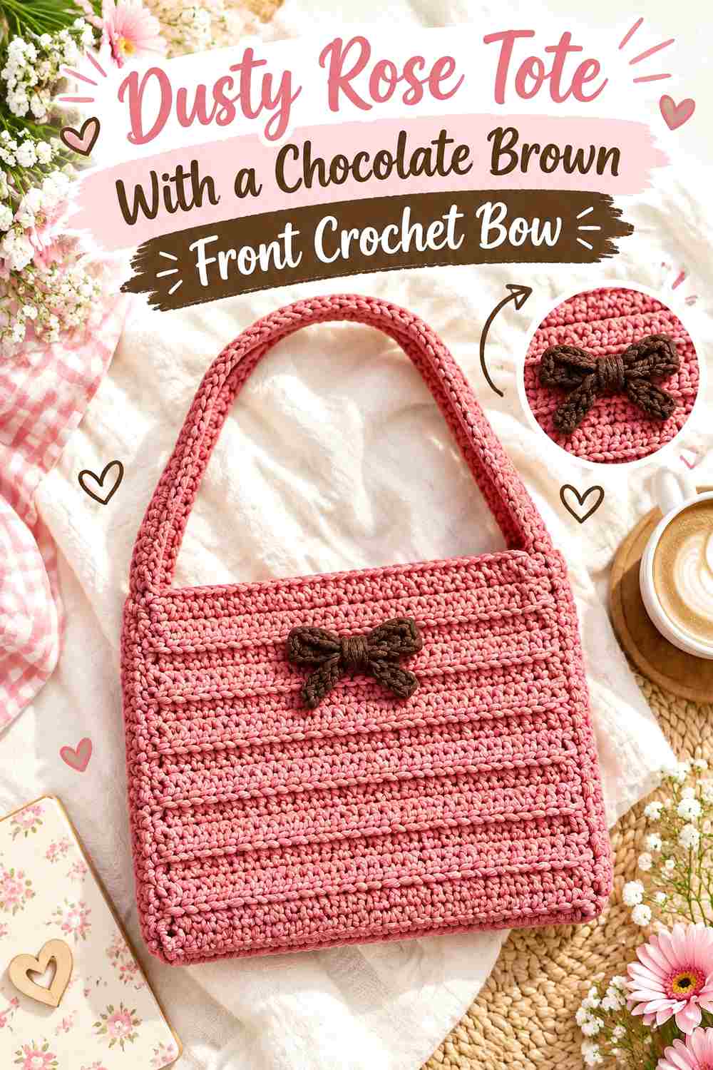 2. Dusty Rose Tote With A Chocolate Brown Front Crochet Bow