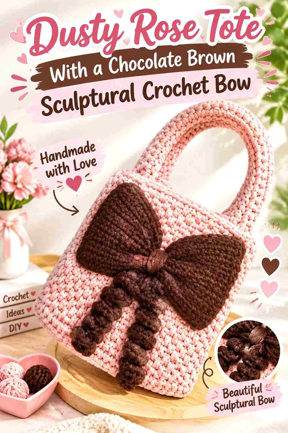 4. Dusty Rose Tote With A Chocolate Brown Sculptural Crochet Bow