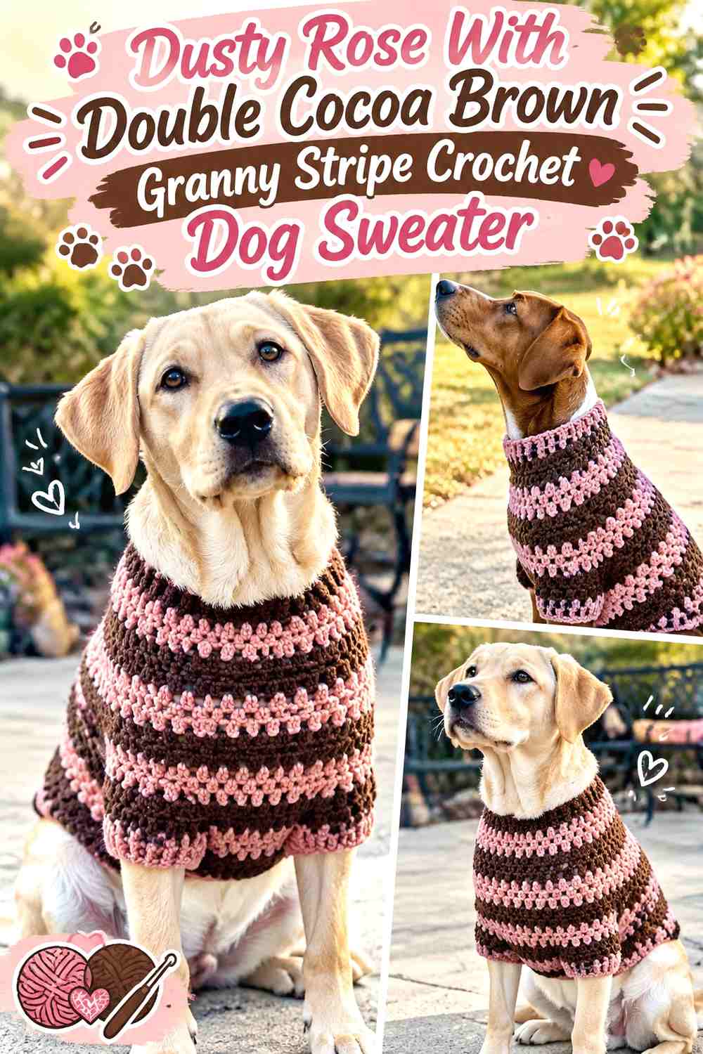 Dusty Rose With Double Cocoa Brown Granny Stripe Crochet Dog Sweater
