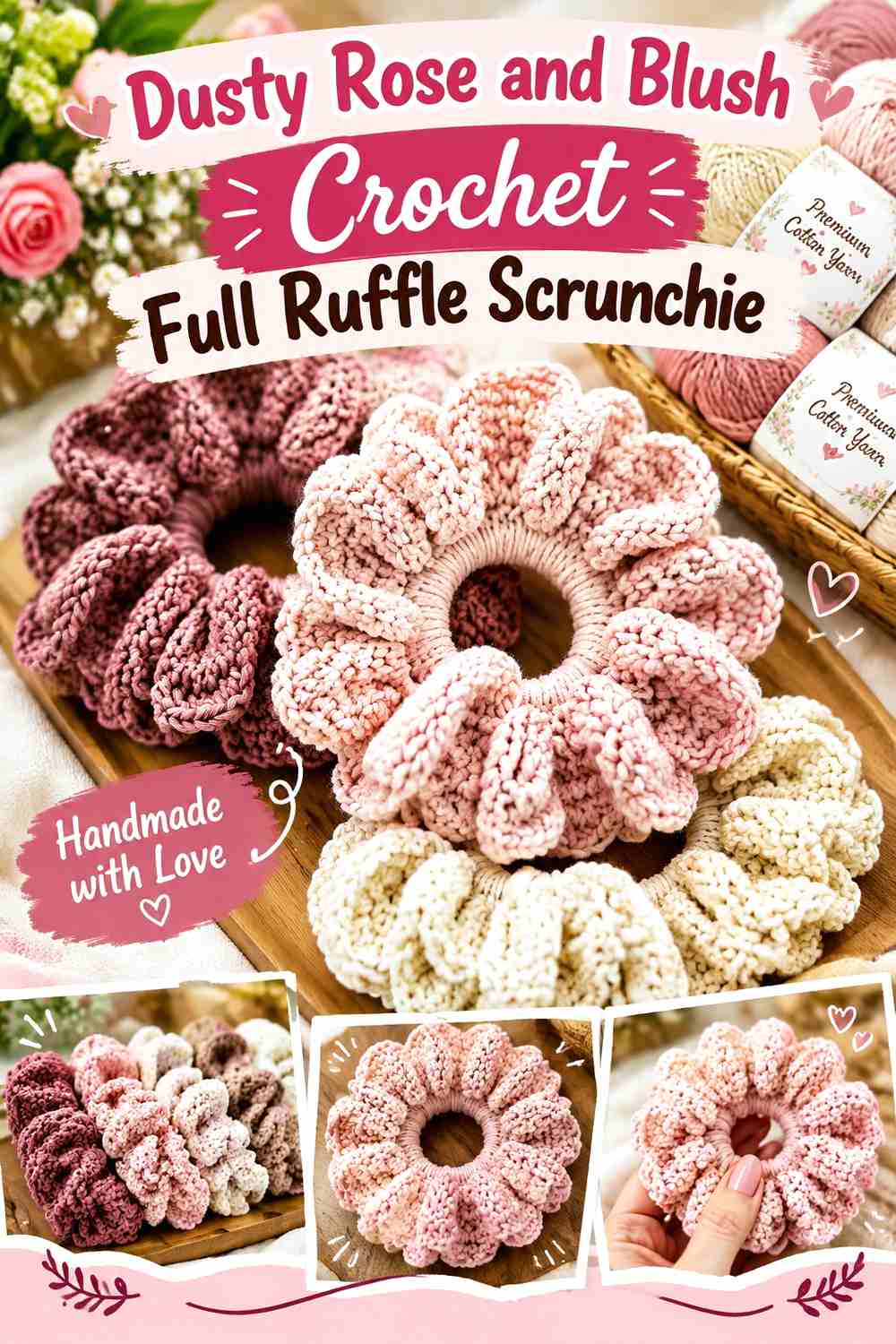 9. Dusty Rose And Blush Crochet Full Ruffle Scrunchie