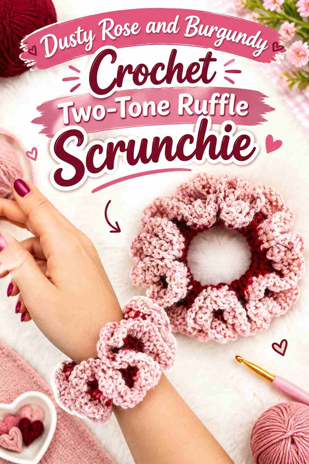 10. Dusty Rose And Burgundy Crochet Two Tone Ruffle Scrunchie