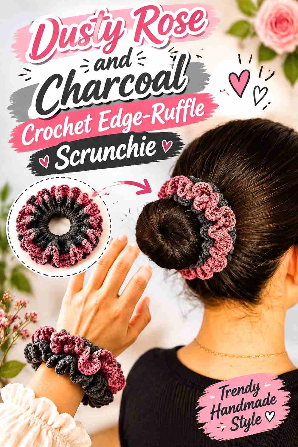 8. Dusty Rose And Charcoal Crochet Edge Ruffle Scrunchie