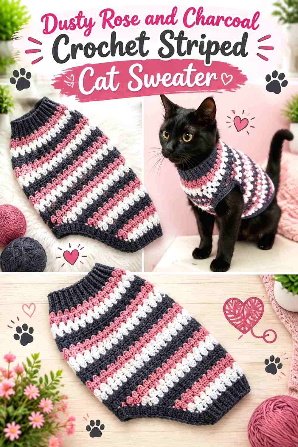 Dusty Rose and Charcoal Crochet Striped Cat Sweater