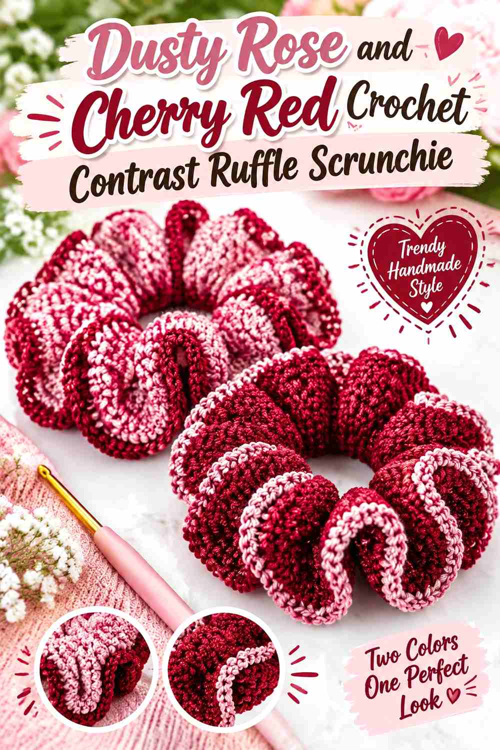 13. Dusty Rose And Cherry Red Crochet Contrast Ruffle Scrunchie