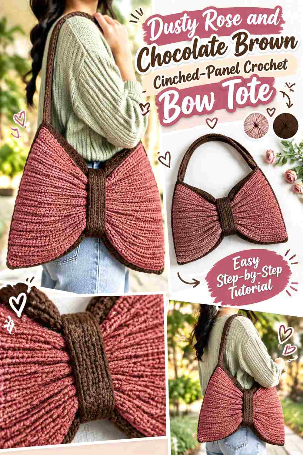 12. Dusty Rose And Chocolate Brown Cinched Panel Crochet Bow Tote