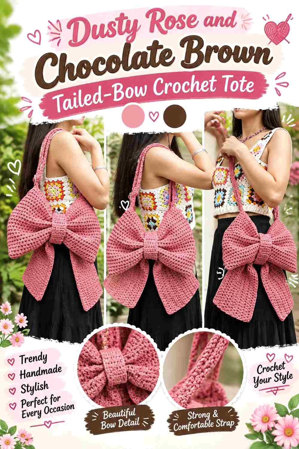 6. Dusty Rose And Chocolate Brown Tailed Bow Crochet Tote