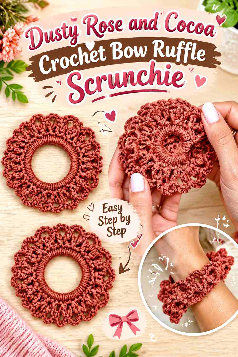 5. Dusty Rose And Cocoa Crochet Bow Ruffle Scrunchie