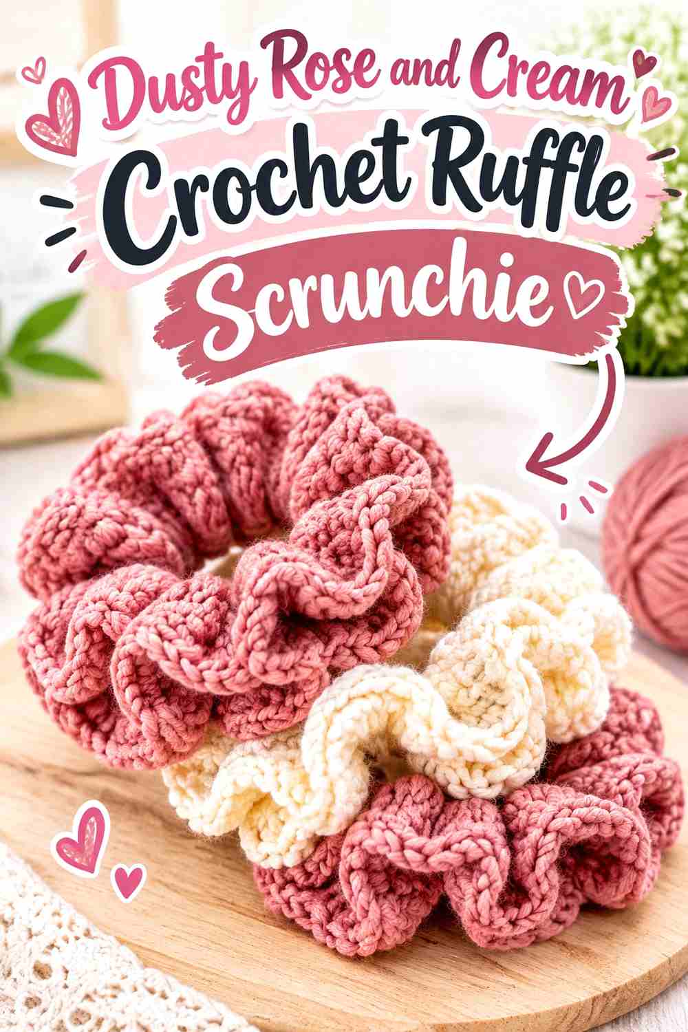 2. Dusty Rose And Cream Crochet Ruffle Scrunchie
