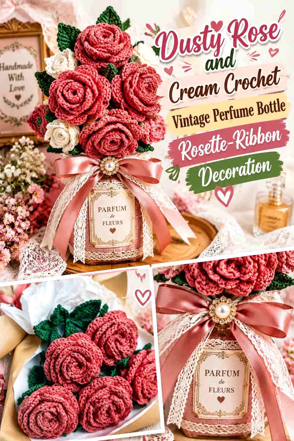 Dusty Rose and Cream Crochet Vintage Perfume Bottle Rosette-Ribbon Decoration