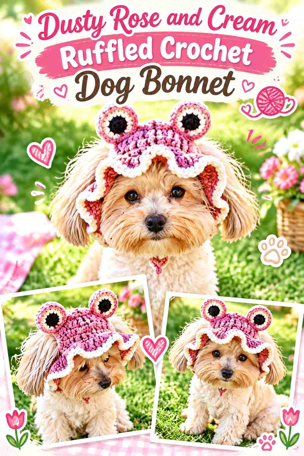 Dusty Rose and Cream Ruffled Crochet Dog Bonnet