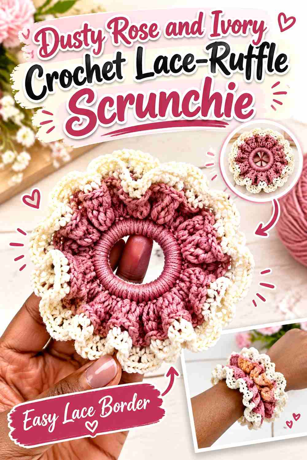4. Dusty Rose And Ivory Crochet Lace Ruffle Scrunchie
