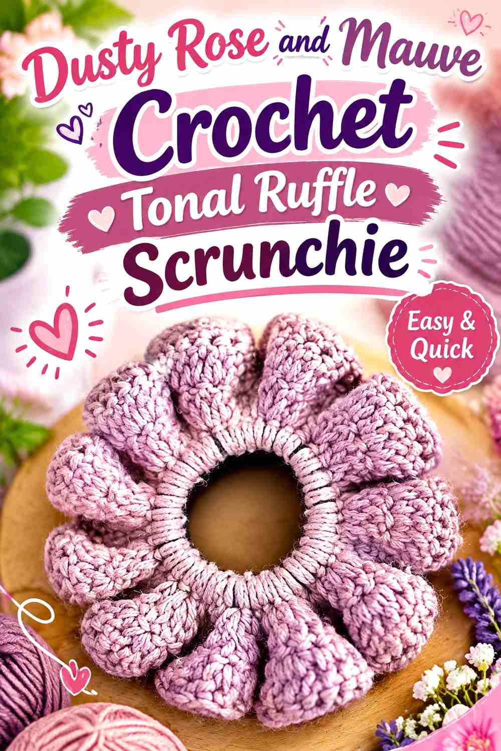 7. Dusty Rose And Mauve Crochet Tonal Ruffle Scrunchie