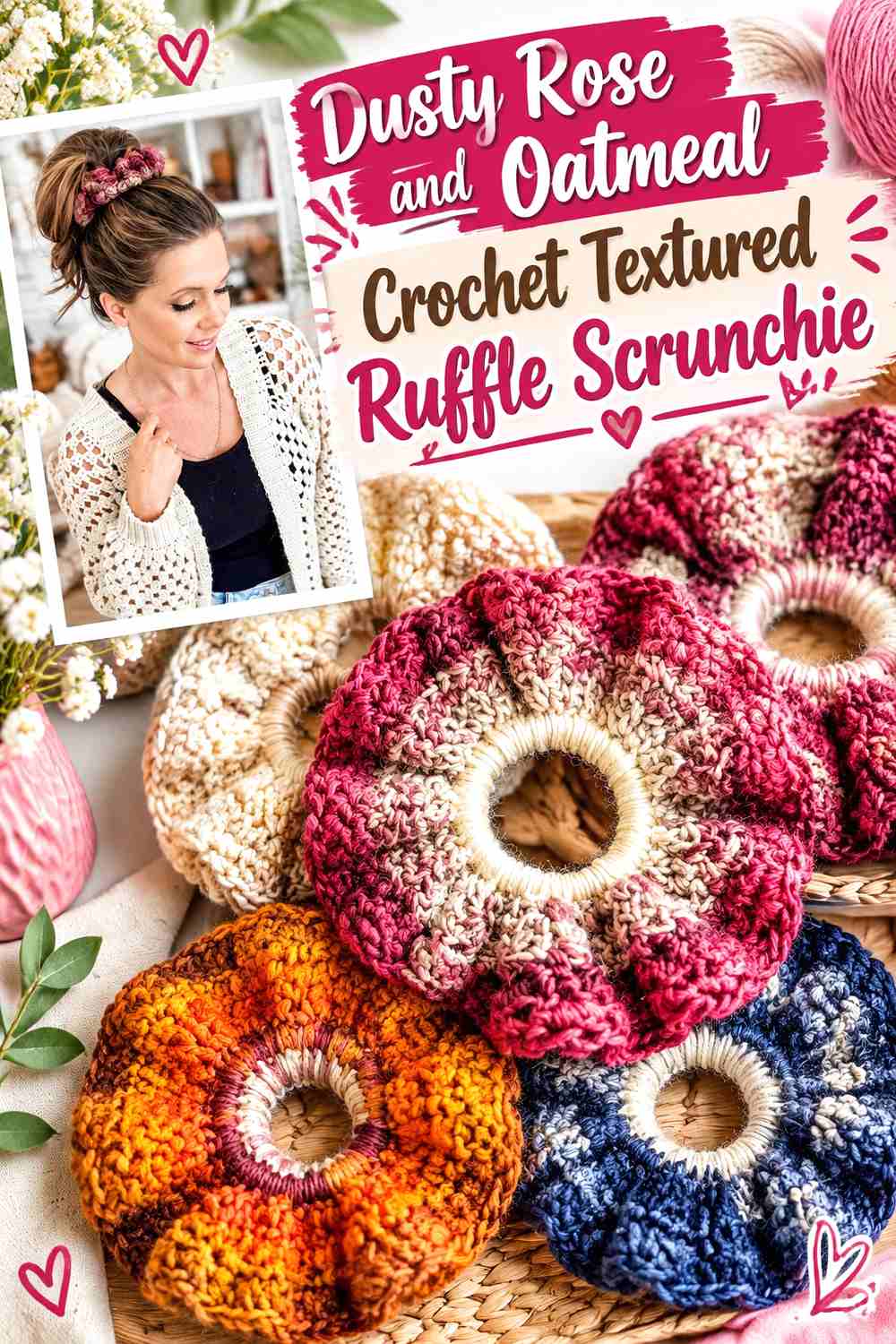 12. Dusty Rose And Oatmeal Crochet Textured Ruffle Scrunchie