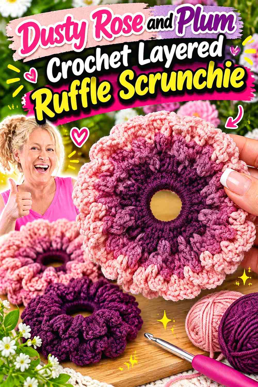 3. Dusty Rose And Plum Crochet Layered Ruffle Scrunchie
